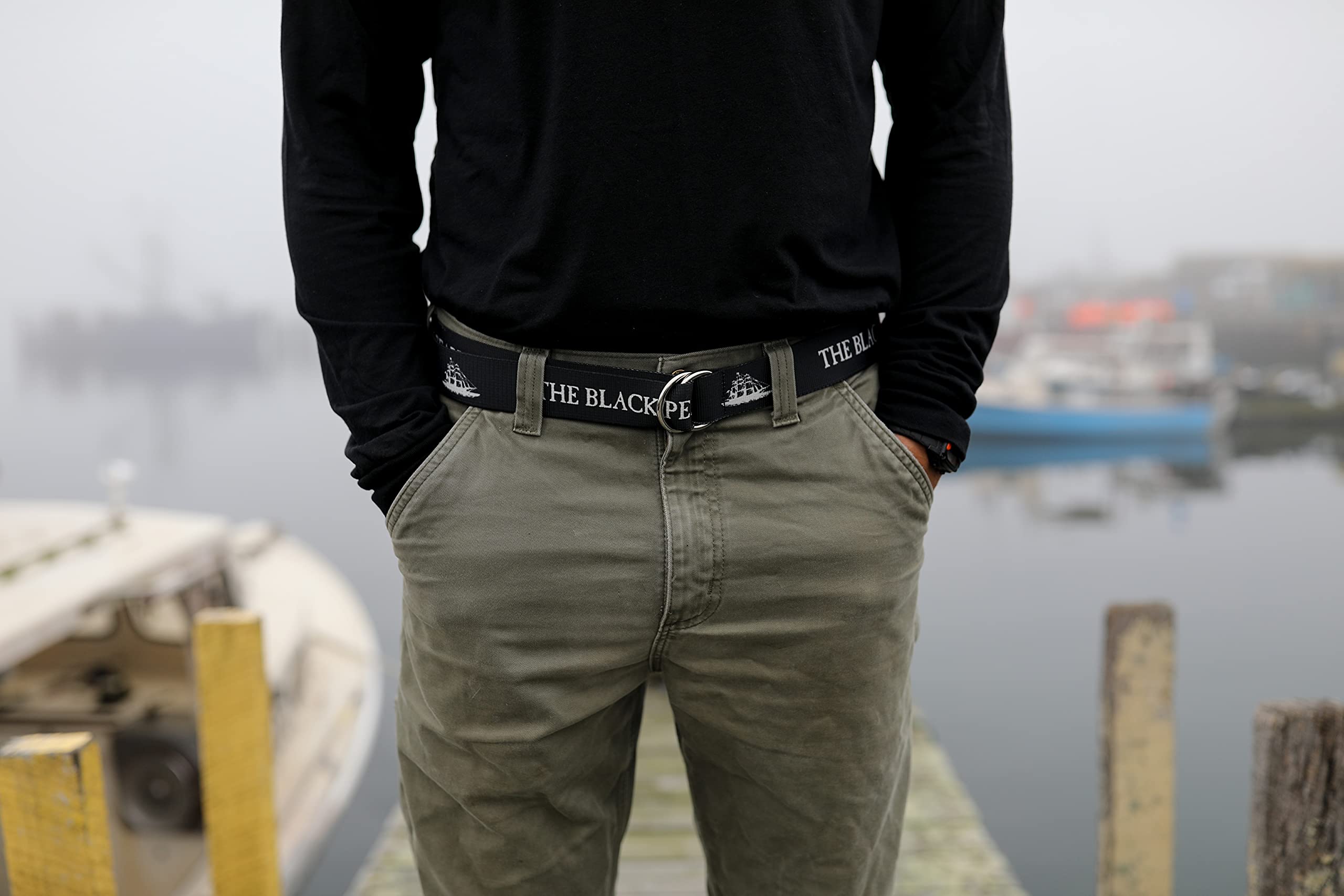 The Black Pearl D-Ring Belt – Adjustable 100% Nylon Strap with Metal Buckle | Unisex Jean Pant Belt with Ship Logo