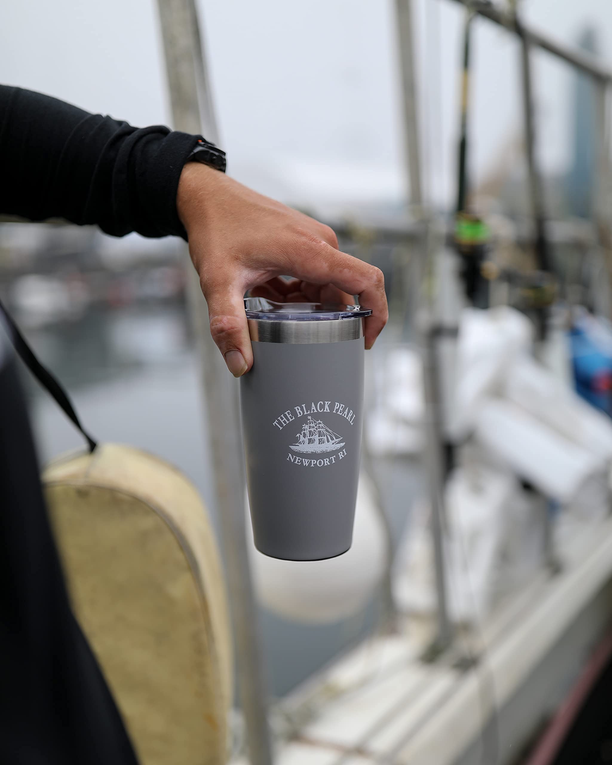 The Black Pearl Travel Mug with Tall Ship Logo | Double Wall Vacuum Insulated Tumbler Keeps Drinks Hot or Cold | Stainless Steel, 16oz