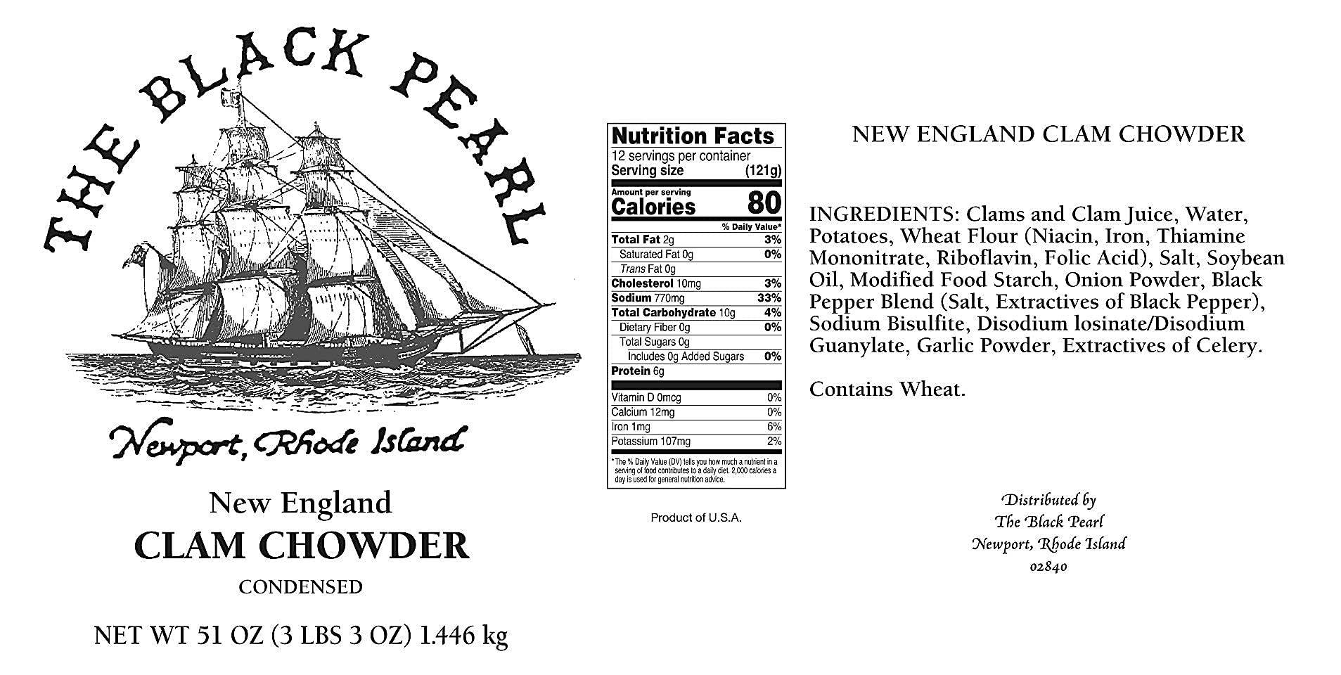 The Black Pearl Clam Chowder – Famous New England Condensed Soup, 51 oz (6 Pack) - Authentic Newport, Rhode Island Recipe